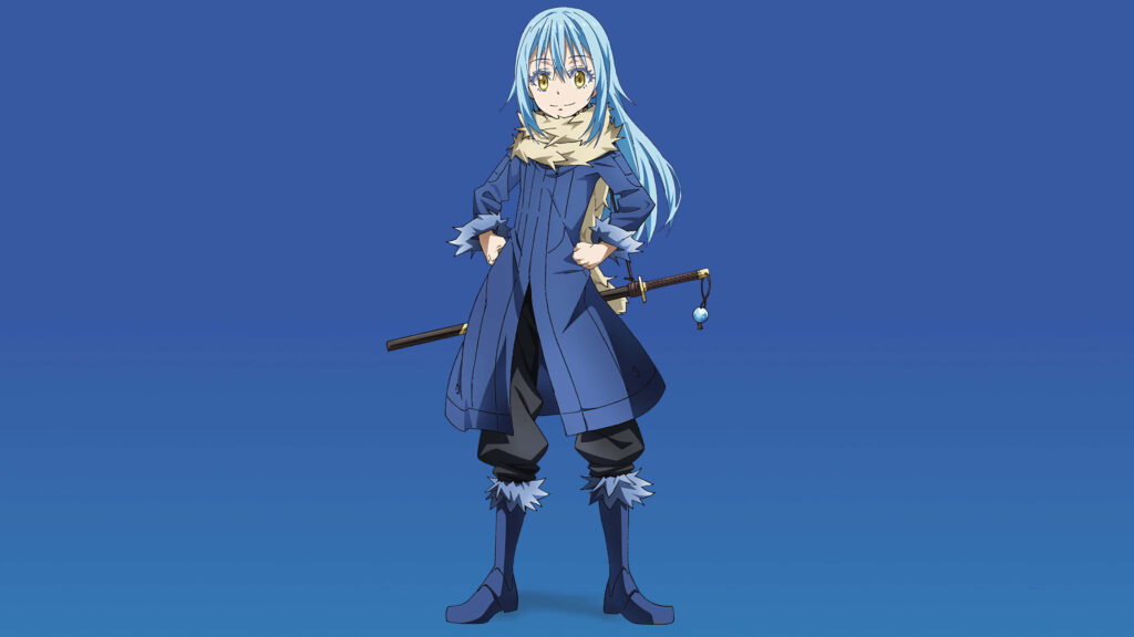Blue Rimuru character confidently poses on solid blue background That Time I Got Reincarnated as Slime wallpaper