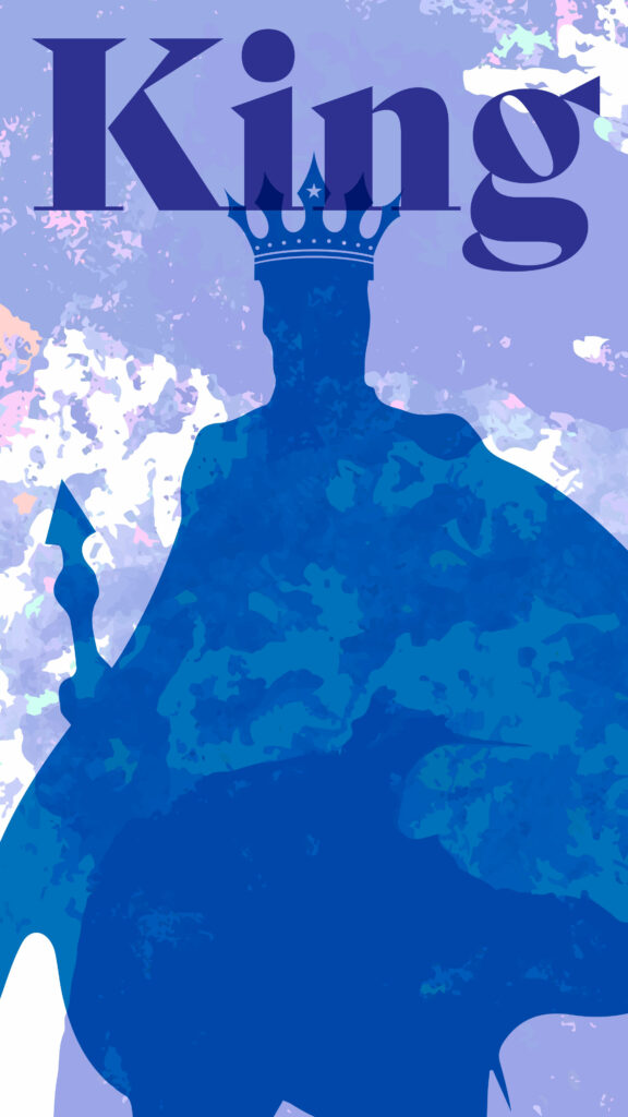 Blue silhouette of royal king with crown and scepter on vibrant abstract wallpaper background