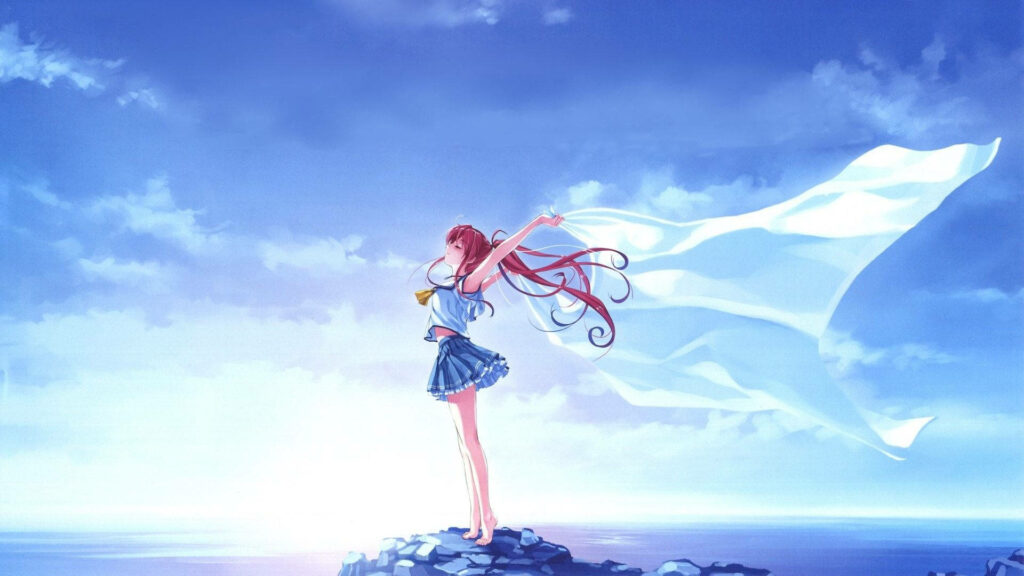 Serenity Found: Enchanting Woman Embraces the Azure Anime Horizon from Mountain Peak Wallpaper