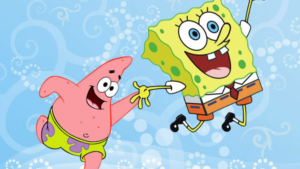 SpongeBob and Patrick cheerful pose vibrant Bikini Bottom wallpaper with bubble swirls background