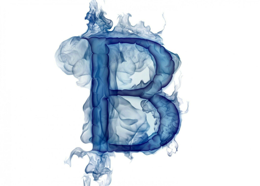 Swirling blue smoke forming the letter B on a clean white creative wallpaper background