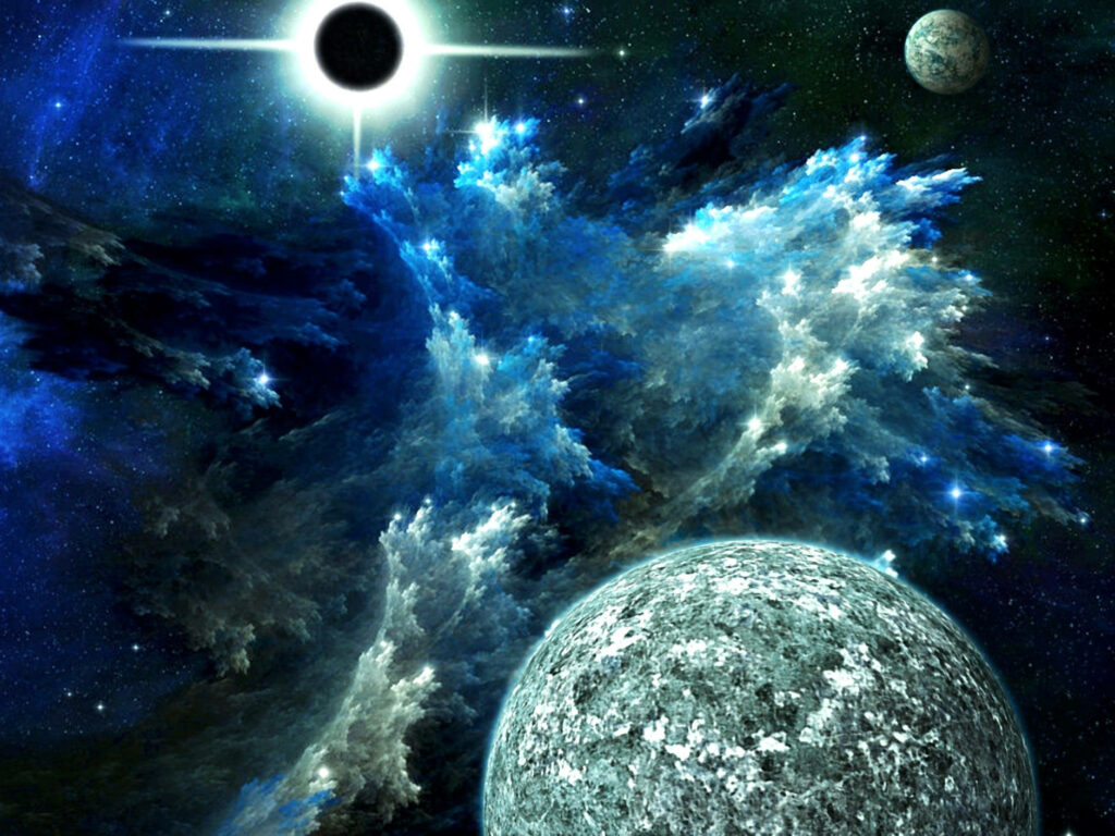 Enchanting Celestial Vista: Blue Cosmic Universe with Black Hole, Moon, and Nebula Clouds - Captivating Phone Wallpaper