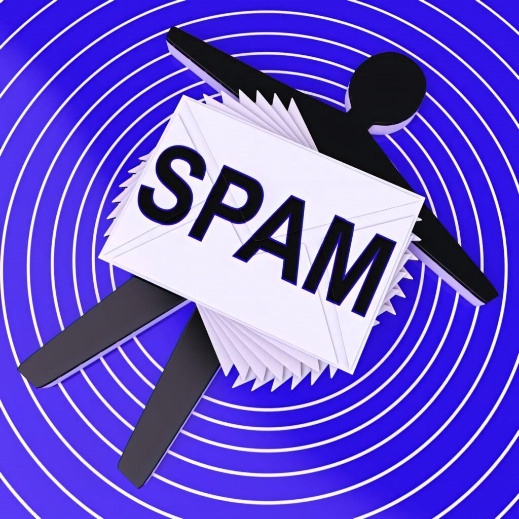 Blue wallpaper with silhouetted figure overwhelmed by spam emails and vivid concentric circles