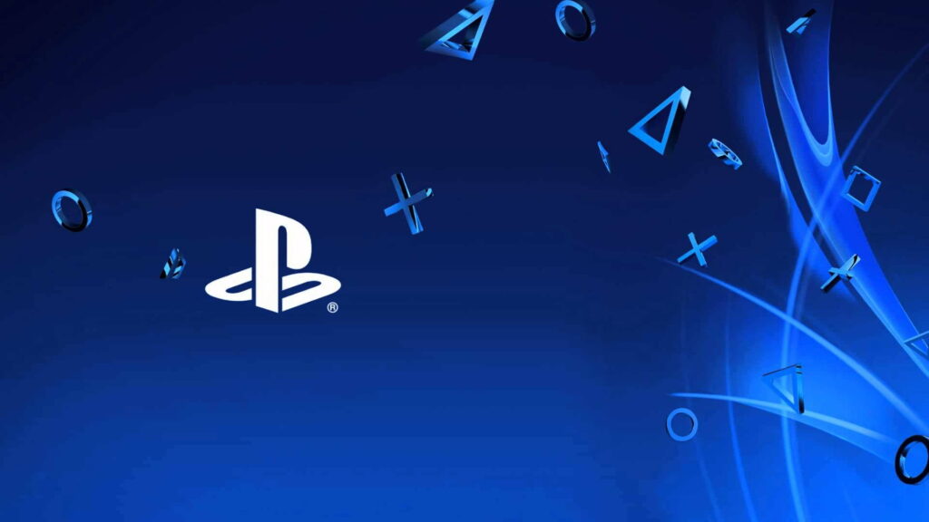 PlayStation wallpaper with white logo and floating 3D gaming symbols on deep blue background
