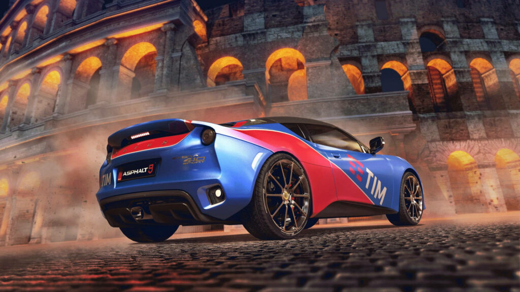 Blue sports car from Asphalt 3 racing in front of historic Colosseum ancient Roman wallpaper