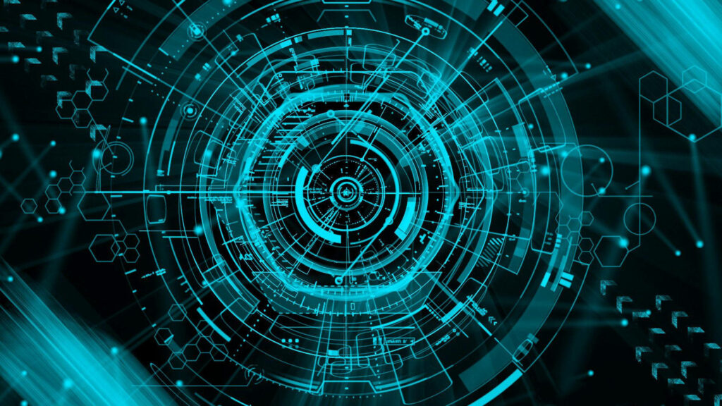 Vibrant blue futuristic circuit wallpaper with glowing geometric shapes and digital lines background