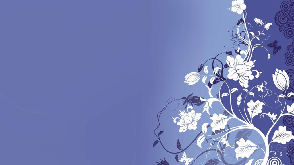 Elegant blue wallpaper with white floral vines and butterflies on a periwinkle gradient background