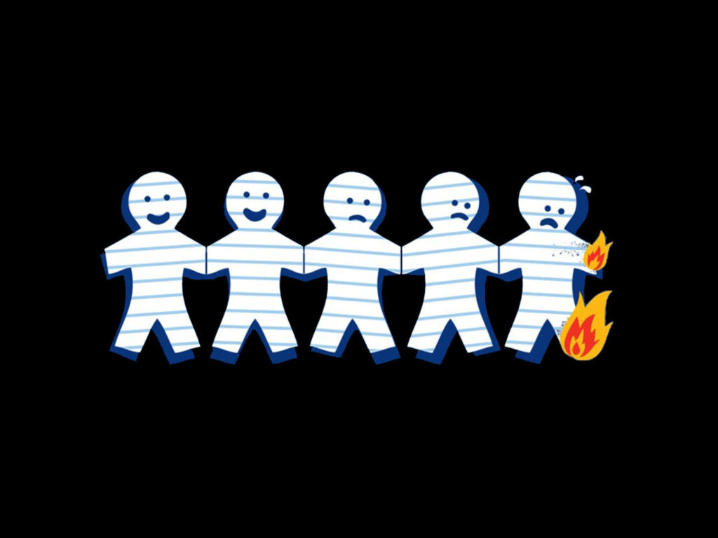 Blue and White Striped Paper Dolls on Fire - Striking Wallpaper Design