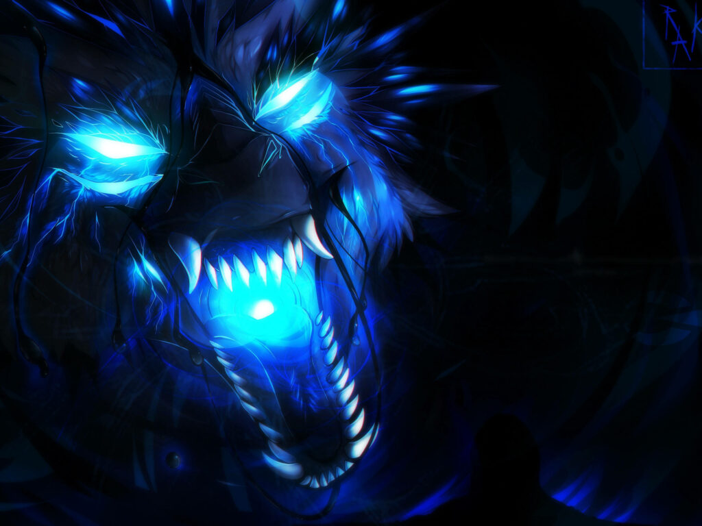 Intense Blue Wolf Wallpaper with Striking Lightning Background