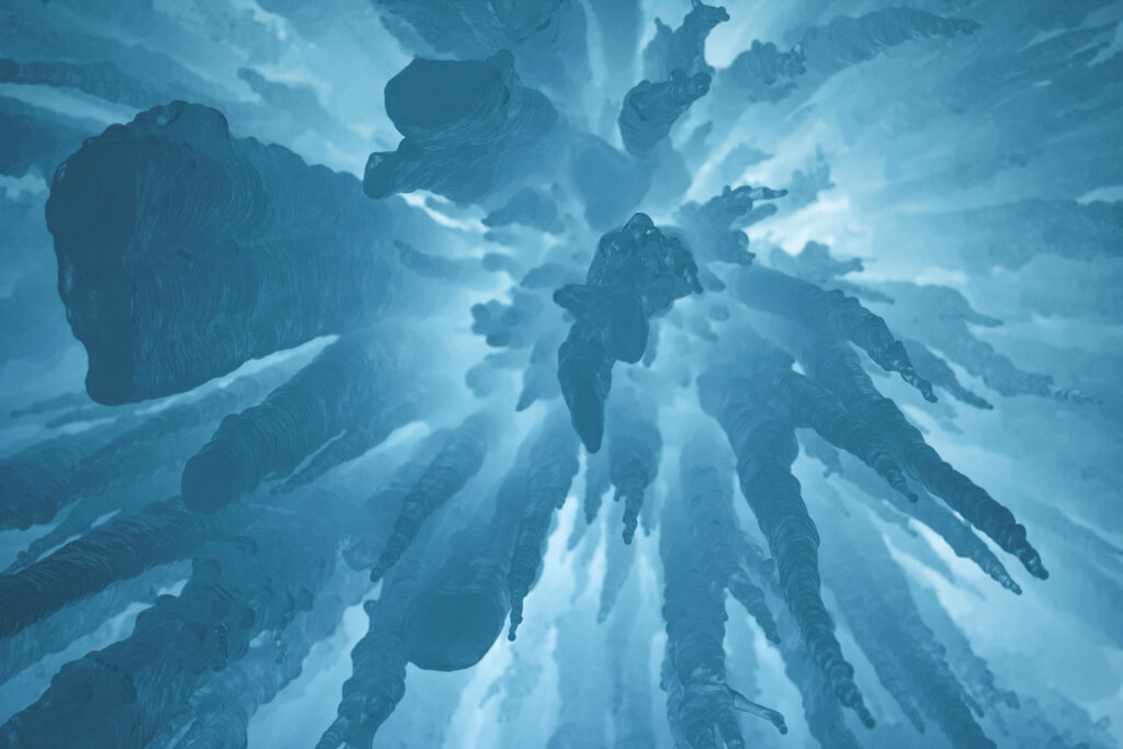 Mesmerizing Glow: Delving into the Depths of Blue Stalactites with Illuminated Grandeur Wallpaper
