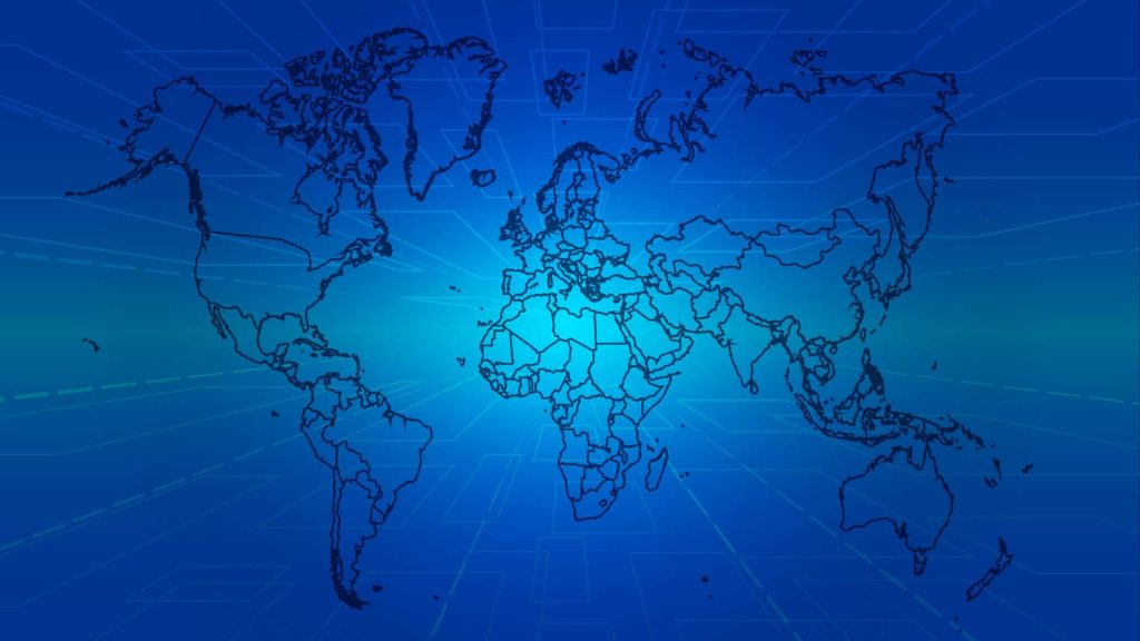 Blue world map wallpaper with tech grid minimalist digital continents on gradient background