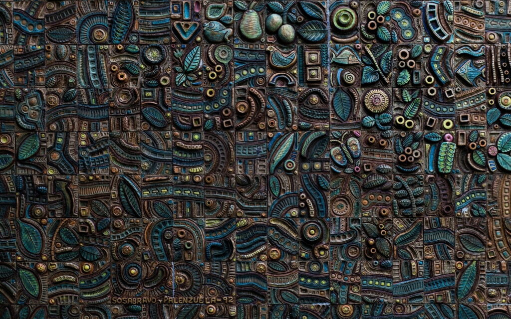 Ceramic relief mural wallpaper by Alfredo Sosabravo with earthy browns and deep blue nature motifs