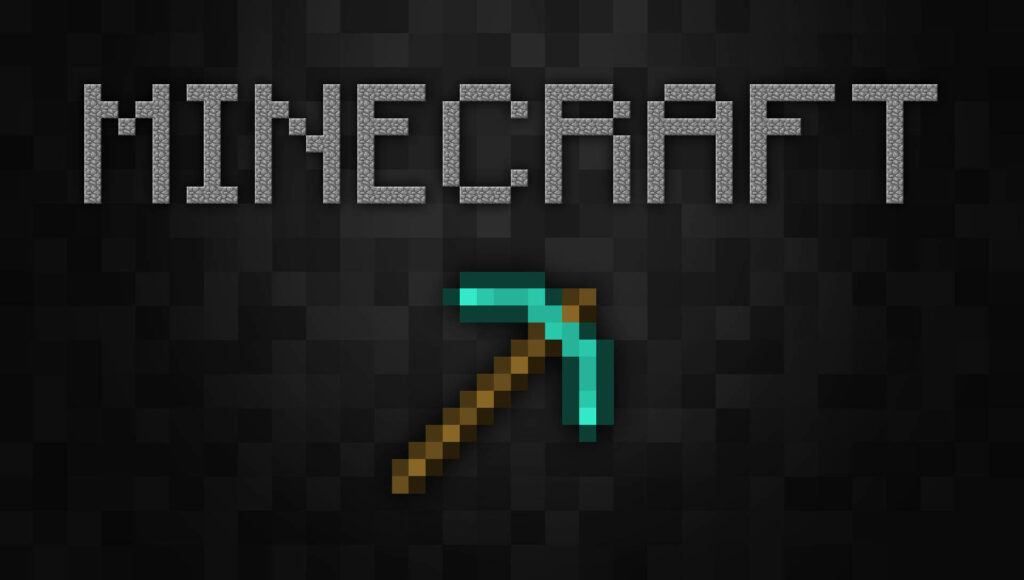 Minecraft logo above diamond pickaxe on dark textured background gaming wallpaper desktop art