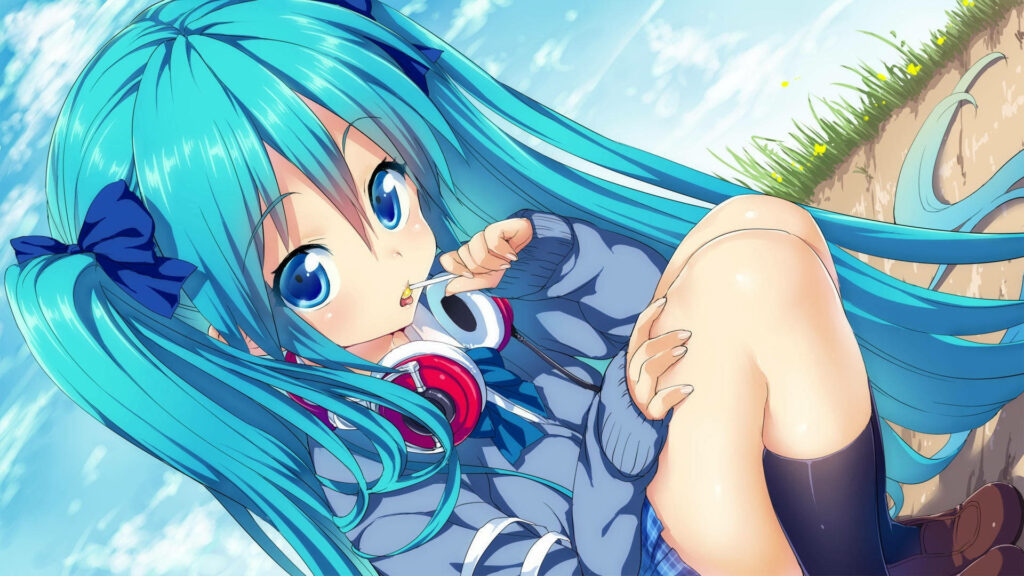 Blue-Haired School Girl Delights in Sweet Lollipop Fun - Adorable Anime Character Poses Playfully Wallpaper
