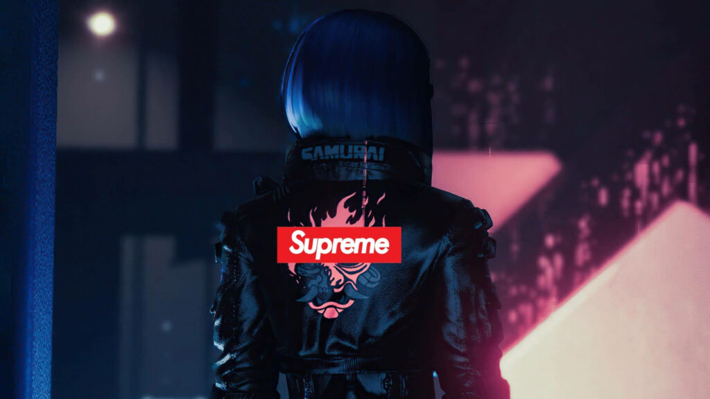 Fashion Forward: Stylish woman flaunting blue hair and leather jacket with striking Supreme logo backdrop Wallpaper