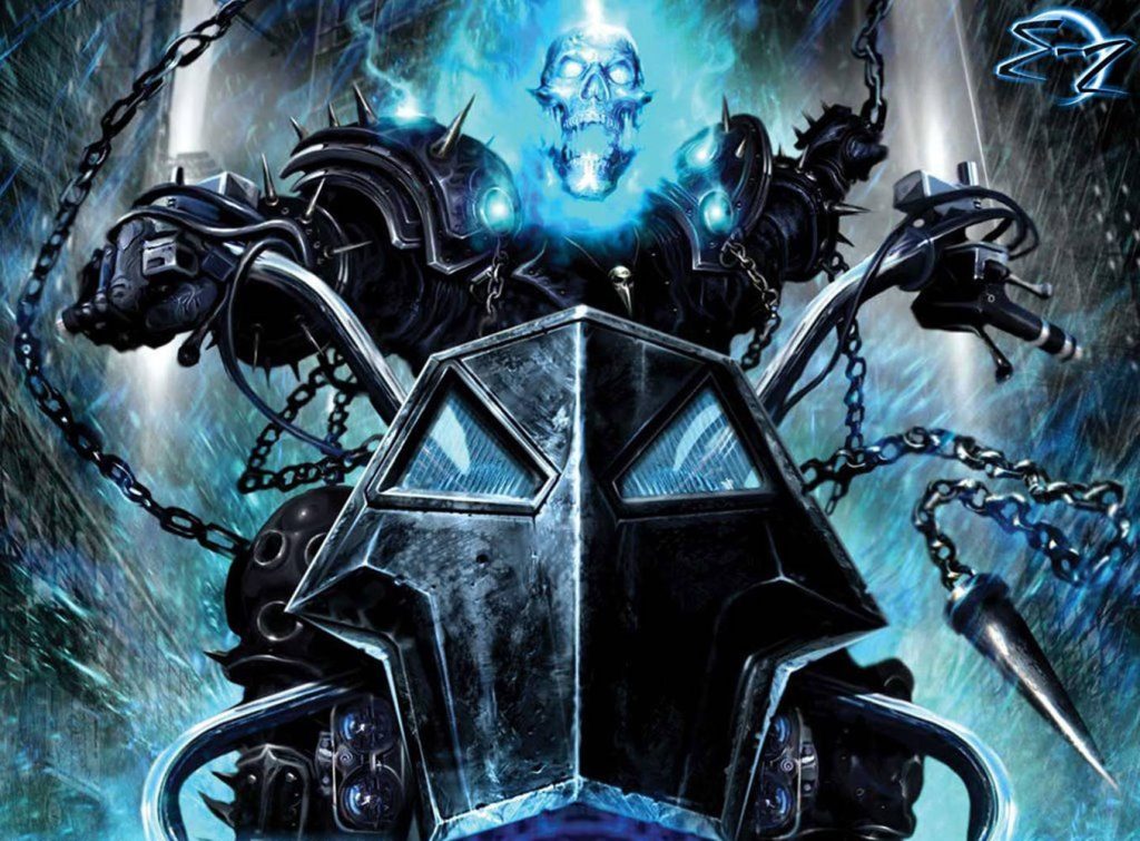 Blue-flamed Ghost Rider on armored Hell Cycle with chains and spikes digital illustration wallpaper