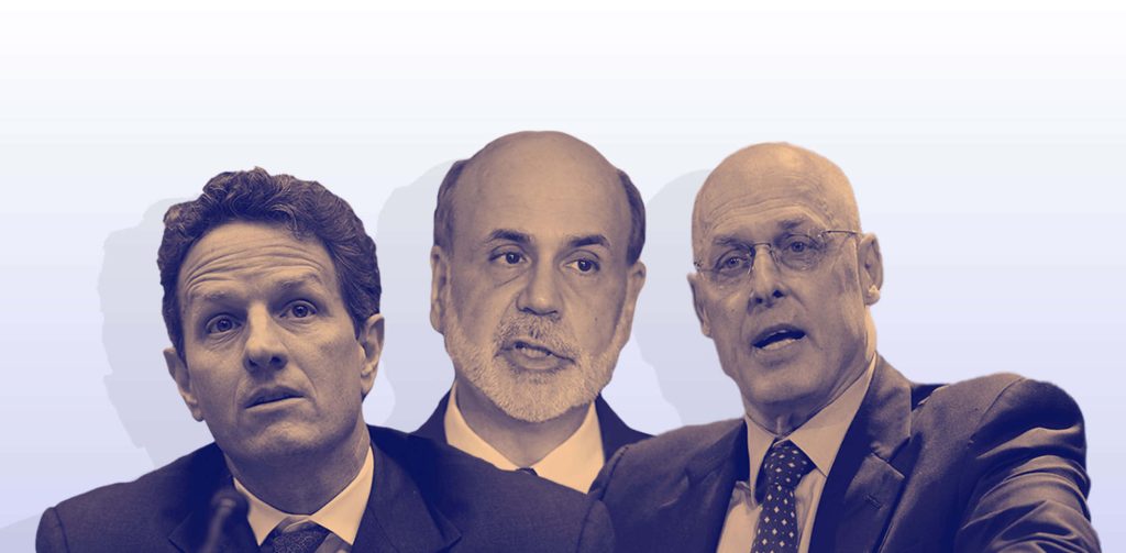 Blue-toned wallpaper with Timothy Geithner Ben Bernanke Henry Paulson US financial leaders background
