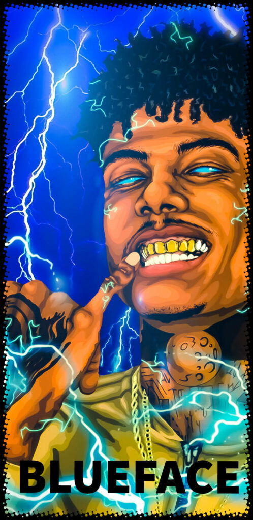 Vibrant digital artwork of Blueface with electric sparks on dynamic blue background wallpaper