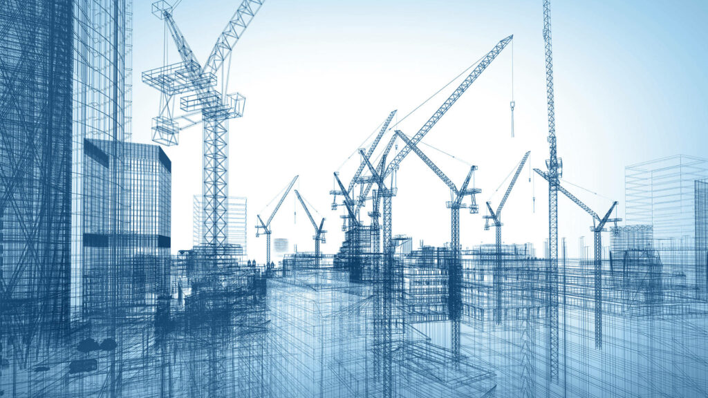 Blueprint-style skyscrapers and cranes wireframe on gradient blue background civil engineering wallpaper