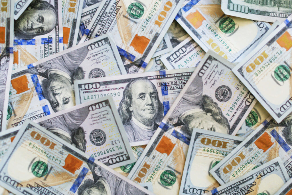 Blue Bliss: A High-resolution Closeup of Stacked Benjamin Franklins, Ideal for Desktop Aesthetics Wallpaper