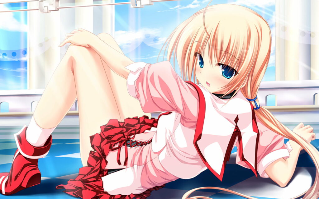 Seductive Anime Girl in Vibrant Red Outfit Against a Heavenly Sky - HD Wallpaper