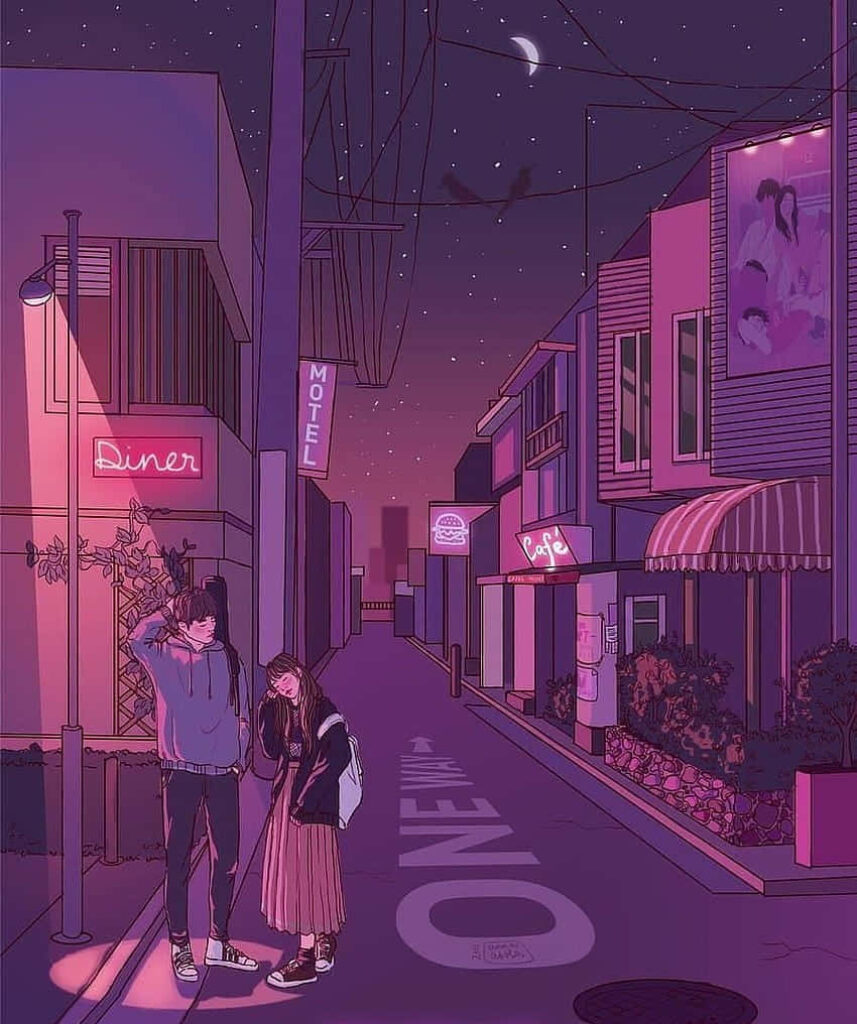 Romantic Blushes: A Dreamy Lofi Anime Cityscape Wallpaper