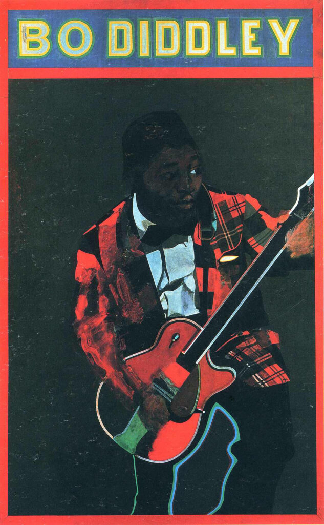 Vibrant pop art wallpaper of Bo Diddley playing guitar with retro typography on dark background