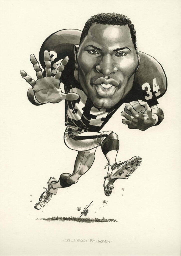 Caricature of Bo Jackson football player with oversized hands running dynamically toward viewer Wallpaper