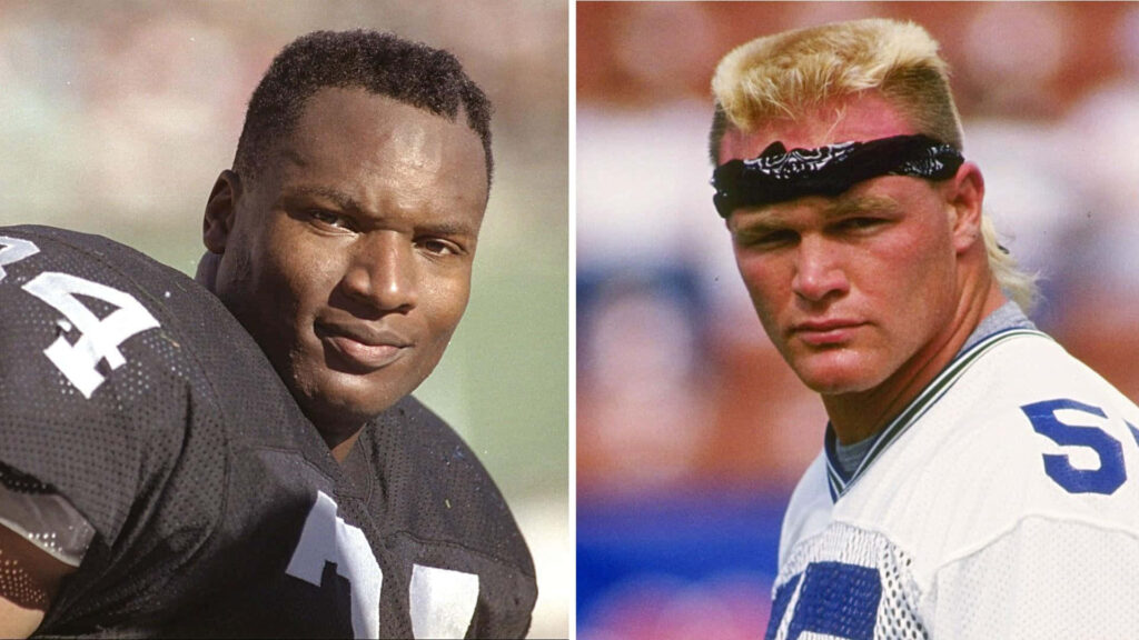 Bo Jackson and Brian Bosworth in iconic NFL jerseys showcasing classic football rivalry wallpaper