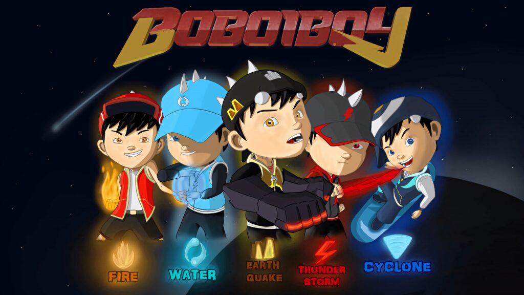 BoBoiBoy wallpaper showcasing Fire Water Earthquake Thunderstorm Cyclone elemental powers and logo