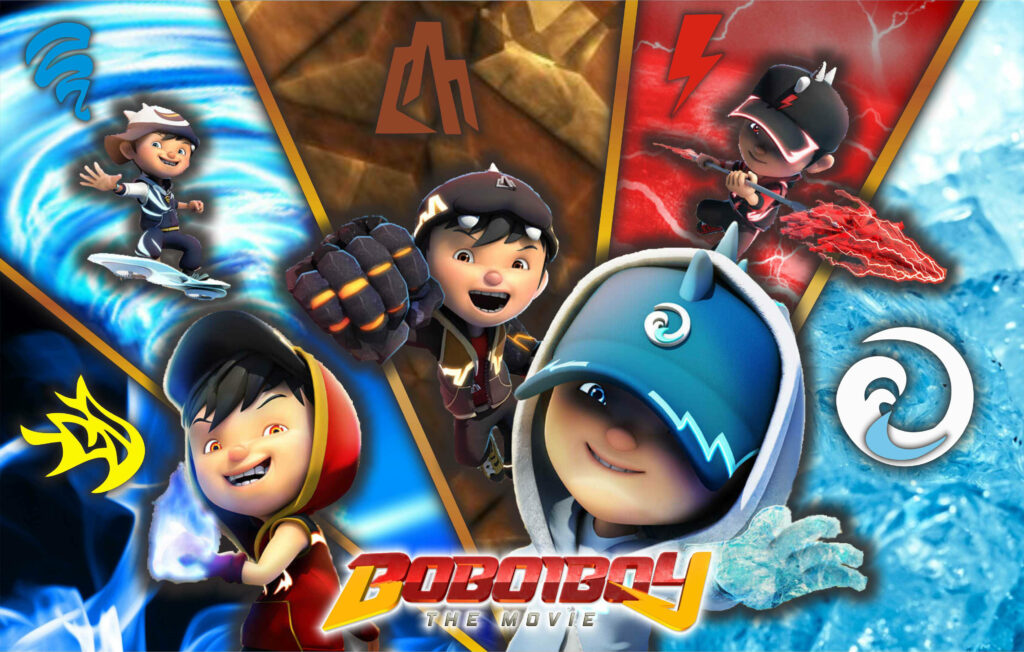 BoBoiBoy Five Elements poster showing water earth fire wind and lightning powers colorful background Wallpaper