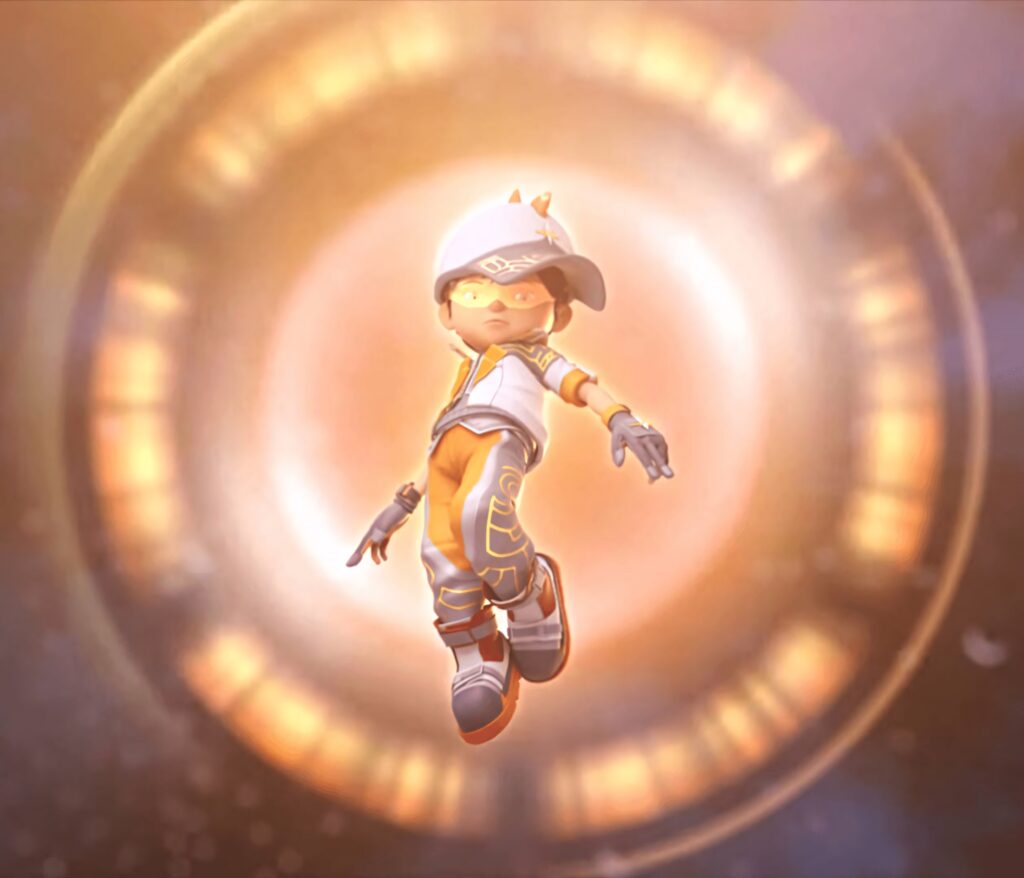 BoBoiBoy Solar Form glowing with radiant energy and dynamic heroic pose wallpaper background