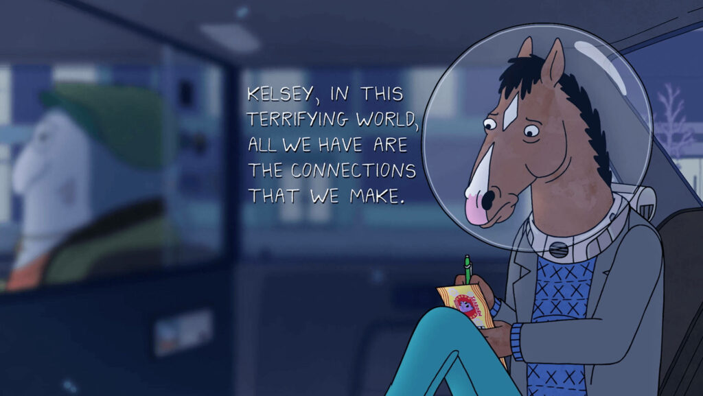 Bojack Horseman in astronaut helmet writing heartfelt letter about human connection in car wallpaper