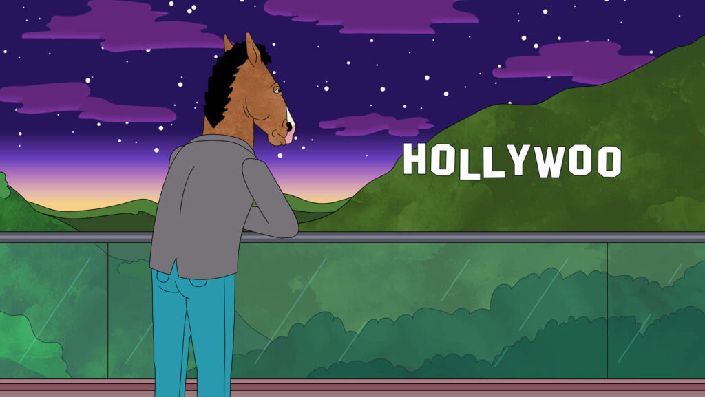 Bojack Horseman reflecting on life from balcony at night with Hollywoo sign cityscape background Wallpaper