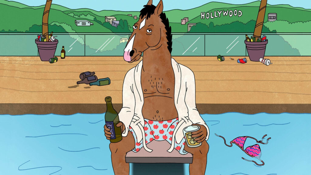 BoJack Horseman sitting by pool with empty bottles colorful Hollywood background wallpaper