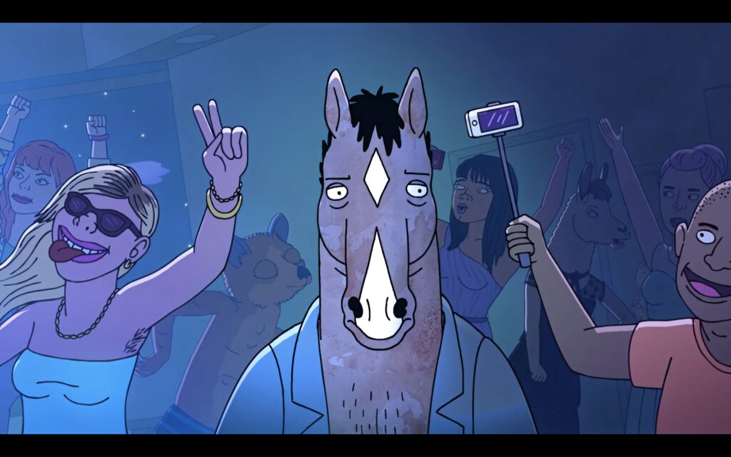 BoJack Horseman at lively rave party with colorful lights and energetic dancers background wallpaper