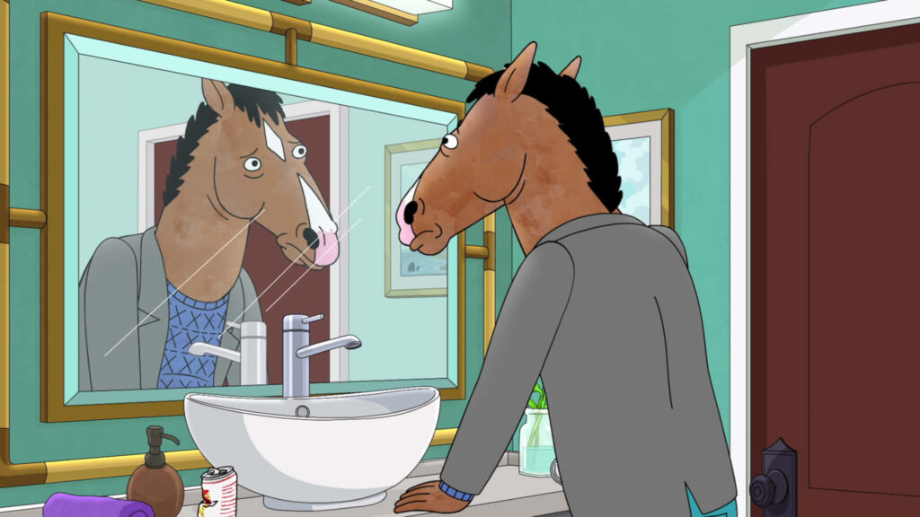 BoJack Horseman reflecting in bathroom mirror scene from animated sitcom wallpaper background