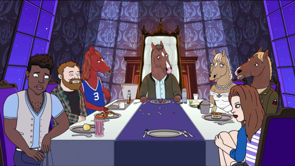 Bojack Horseman at lavish dinner table with key past characters in haunting animated scene wallpaper
