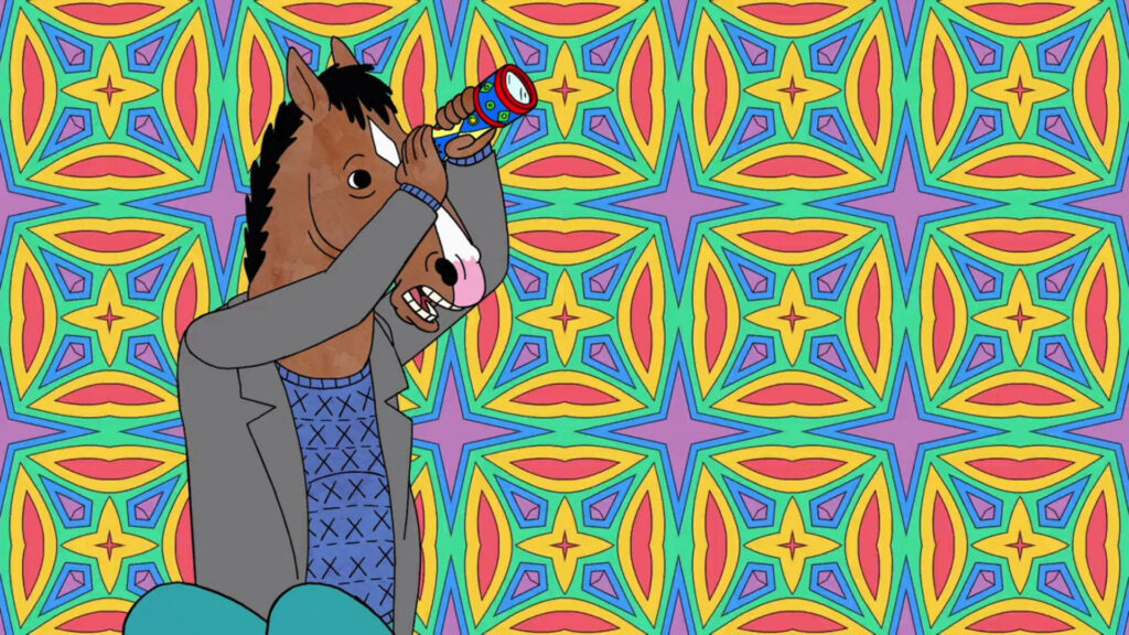 BoJack Horseman in jacket and sweater gazes at colorful kaleidoscope with geometric wallpaper background