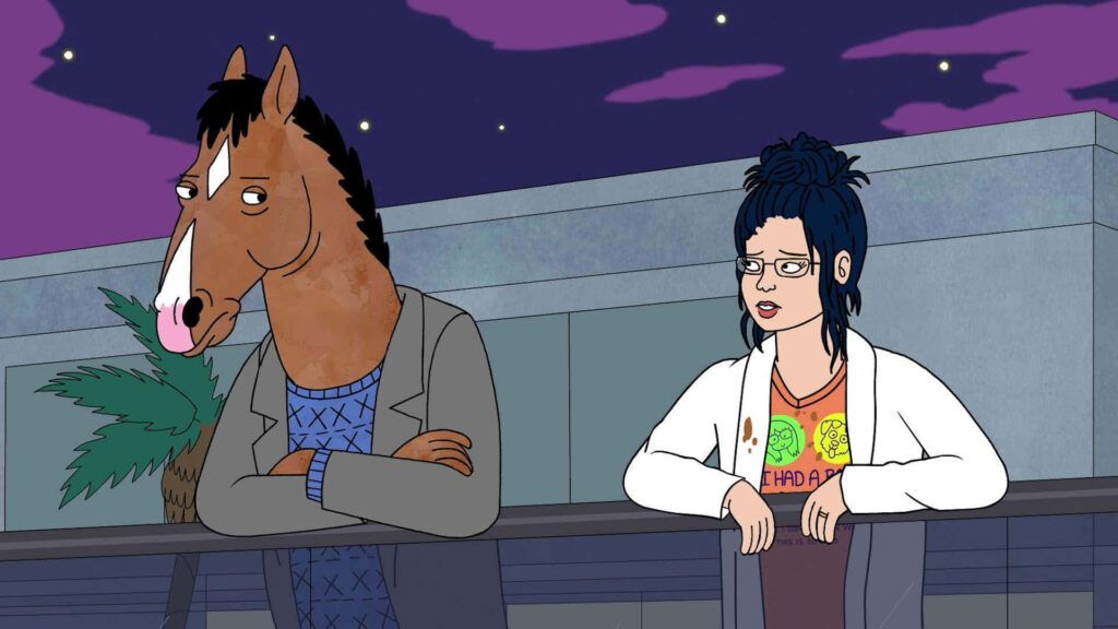 BoJack Horseman and Diane Nguyen on rooftop at night under starry sky animated series wallpaper