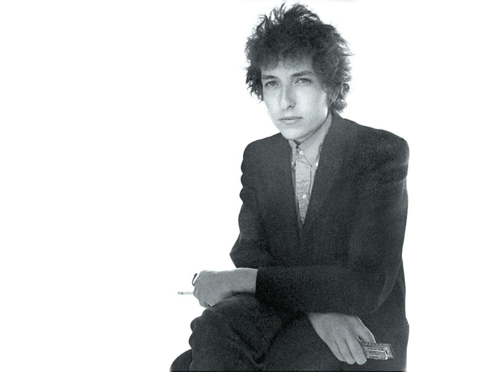 Faded retro greyscale Bob Dylan portrait wallpaper capturing iconic contemplative vintage style