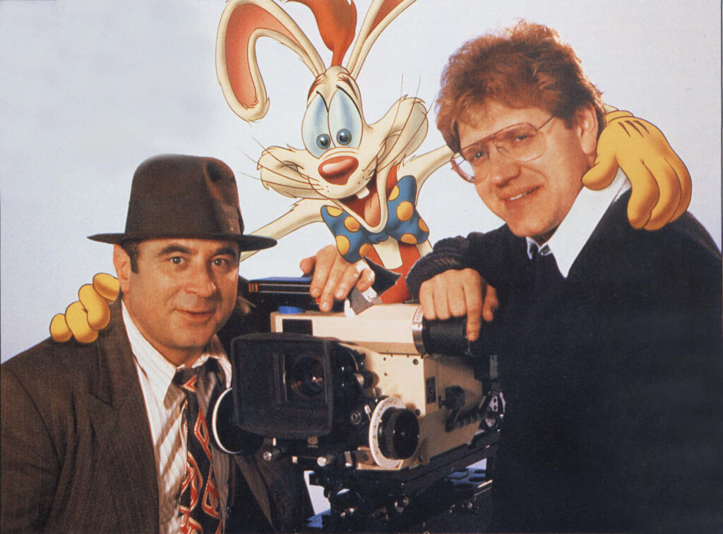 Bob Hoskins and director Robert Zemeckis with animated Roger Rabbit behind the scenes of film Wallpaper