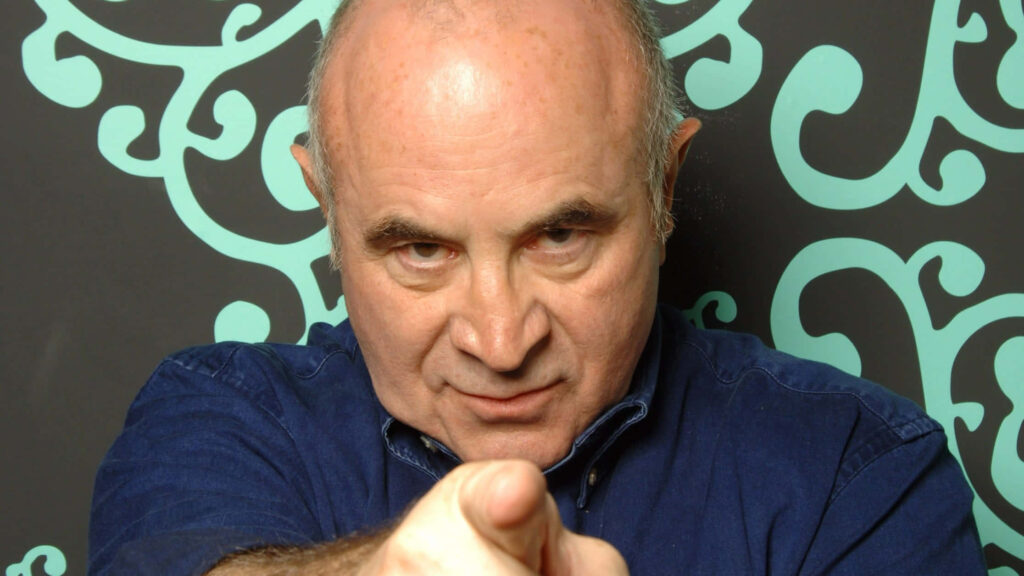 Bob Hoskins intense portrait with bold swirling pattern background wallpaper design