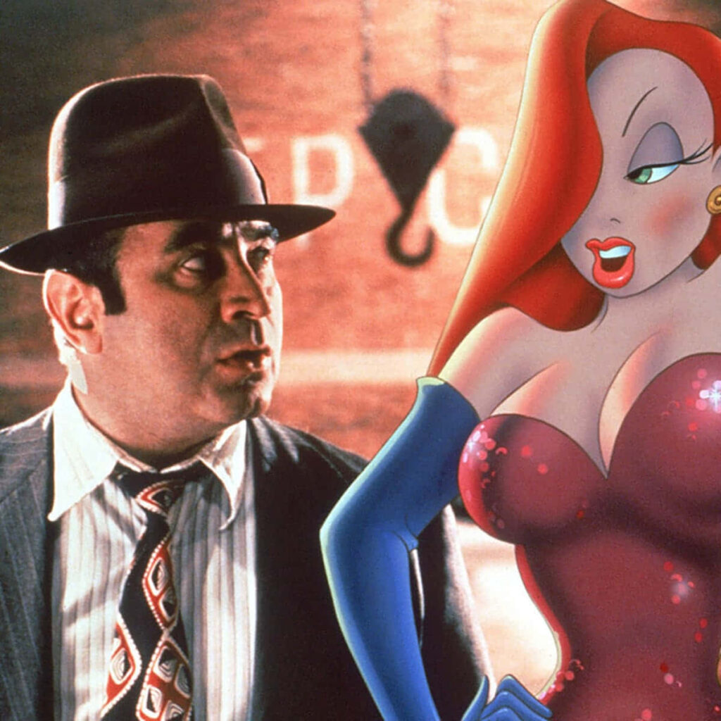 Bob Hoskins as Eddie Valiant with Jessica Rabbit in iconic Who Framed Roger Rabbit scene wallpaper