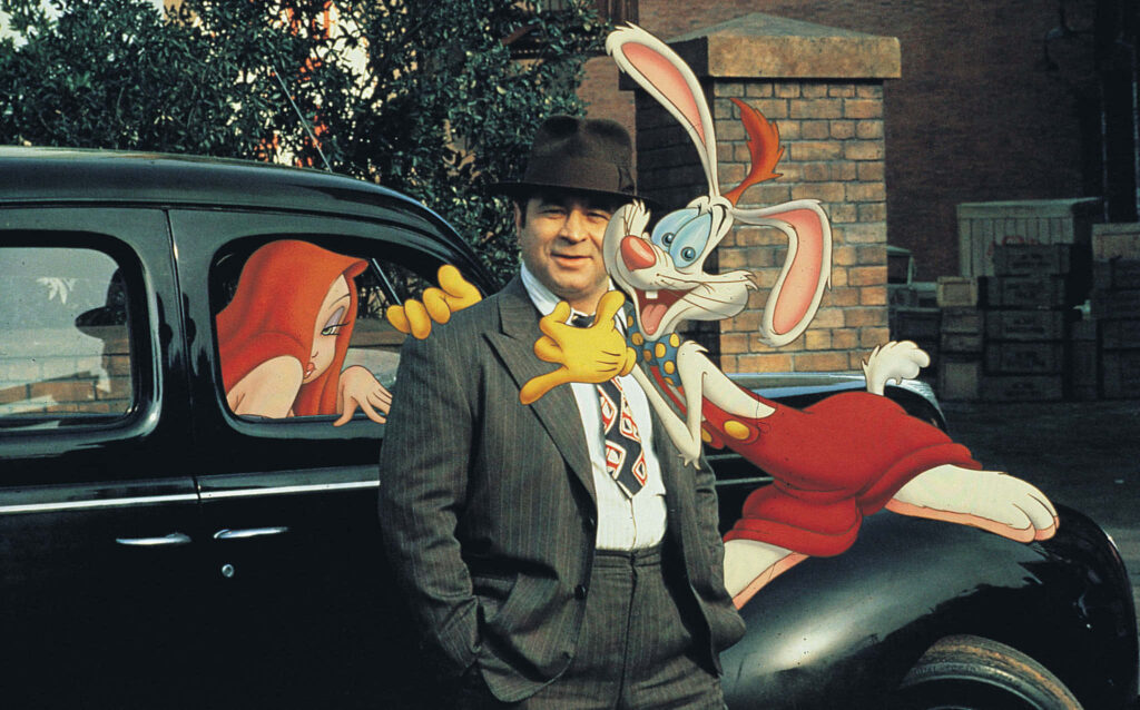 Bob Hoskins with Jessica Rabbit and Roger Rabbit by classic car Who Framed Roger Rabbit wallpaper