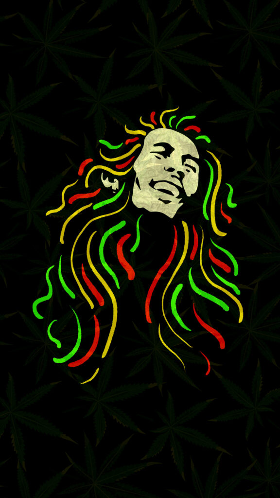 Bob Marley digital art wallpaper with red yellow green dreadlocks on dark leafy reggae background