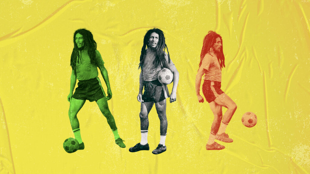 Bob Marley playing football in three poses on vibrant textured yellow background wallpaper