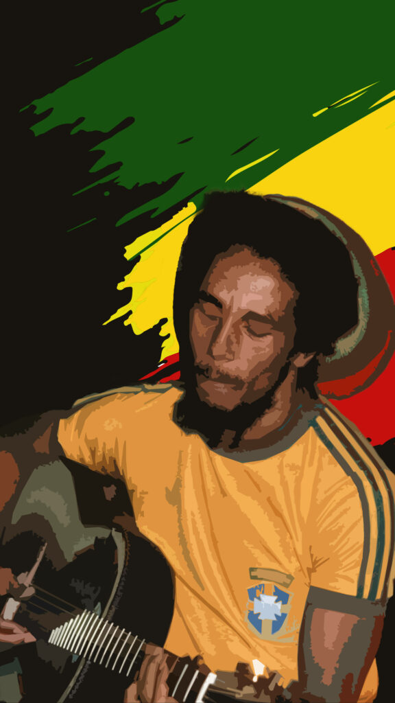 Bob Marley digital artwork with guitar vibrant green yellow red Rastafarian flag background wallpaper