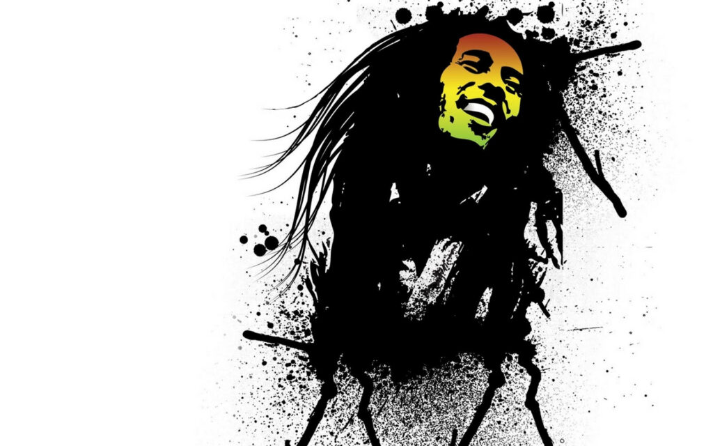 Bob Marley artistic ink splatter wallpaper vibrant red yellow green Rastafarian dreadlocks face