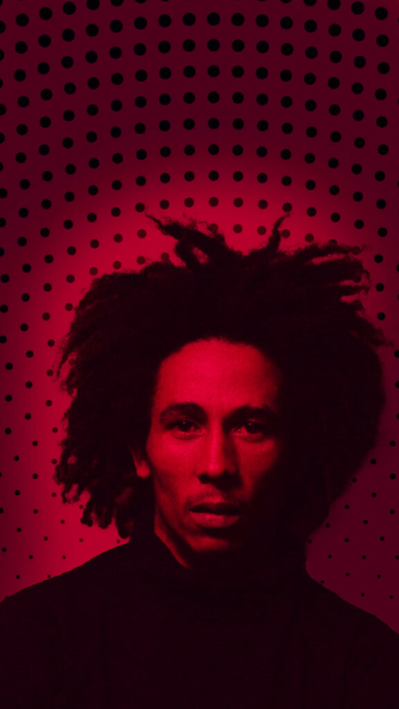 Bob Marley portrait on bold red dotted background modern artistic wallpaper design